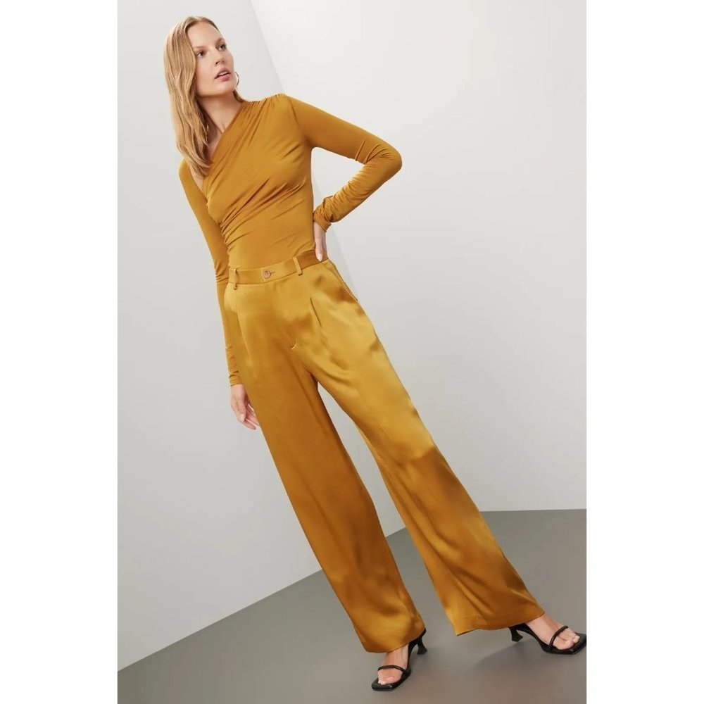 LAPOINTE Satin Pleated Pants in Yellow 2 Womens Wide Leg Trousers - Picture 3 of 15